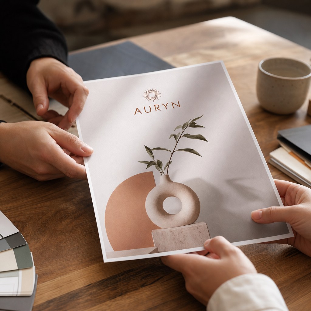 Graphic Design Service – in use: A designer and a client reviewing a printed flyer proof together, faces not visible
