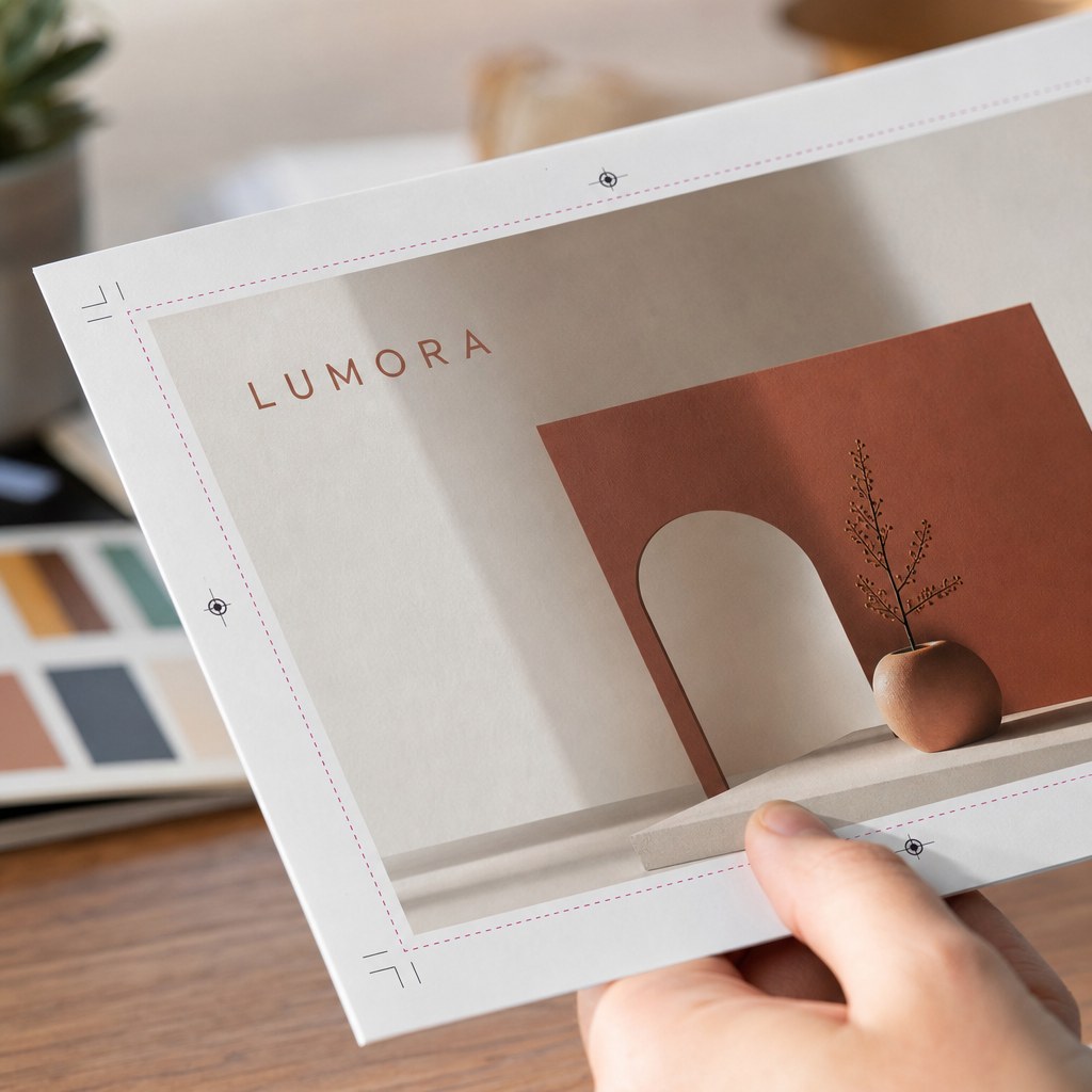 Graphic Design Service – close-up: Close-up of a print proof with crop marks and bleed lines