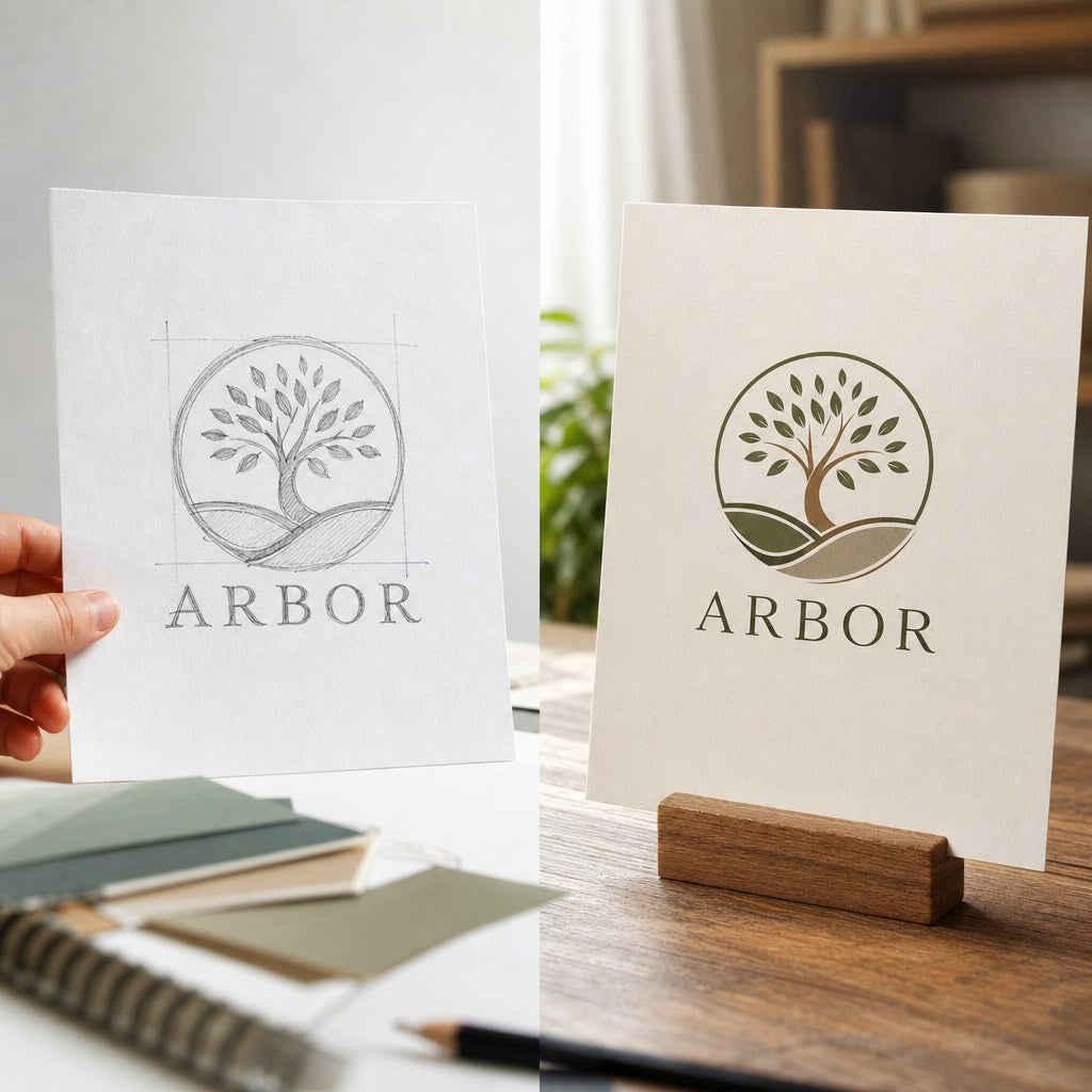 Graphic Design Service – range of options: Before-and-after: a rough sketch beside a finished print-ready design
