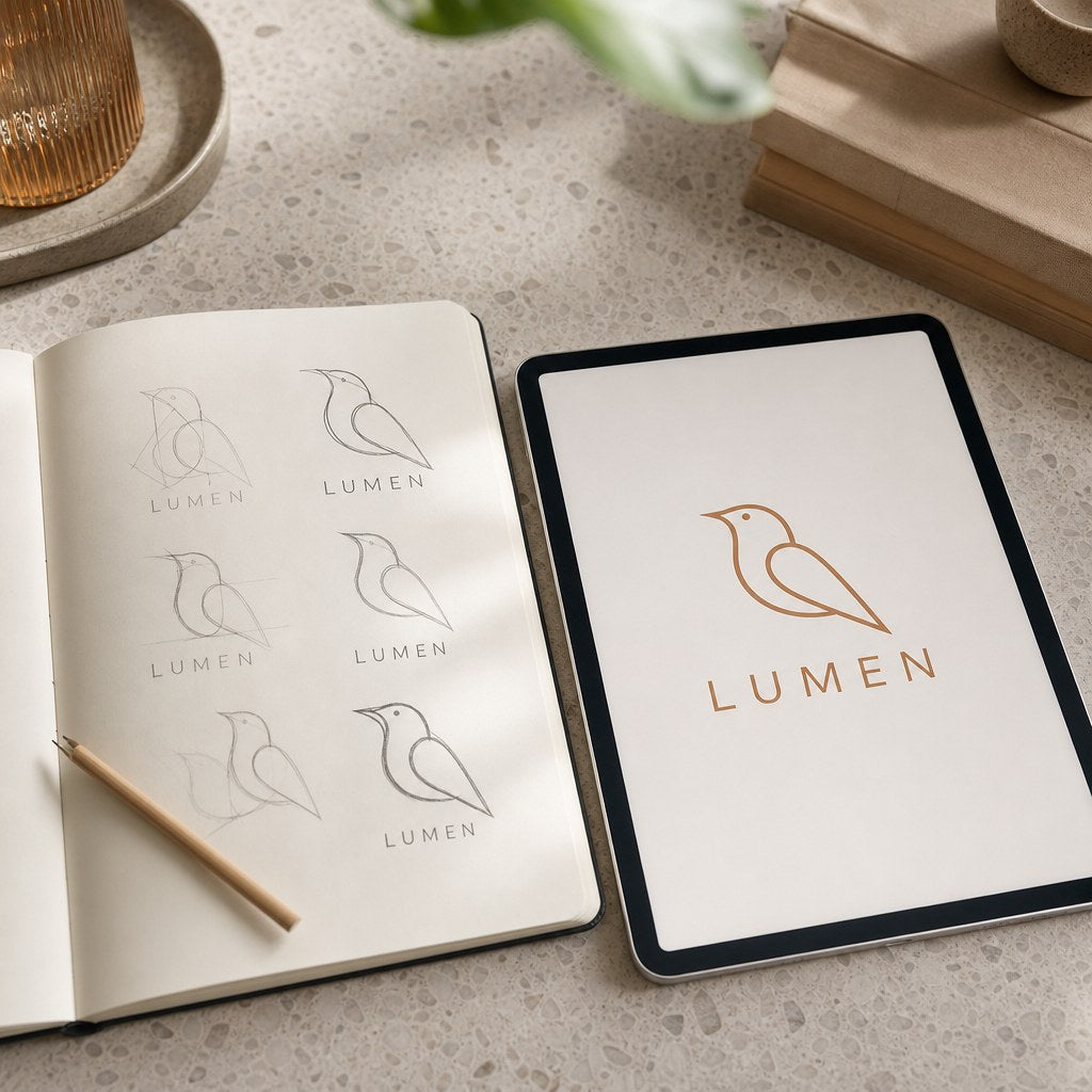 Logo Design – A sketchbook with pencil logo sketches next to a tablet showing a refined minimal logo