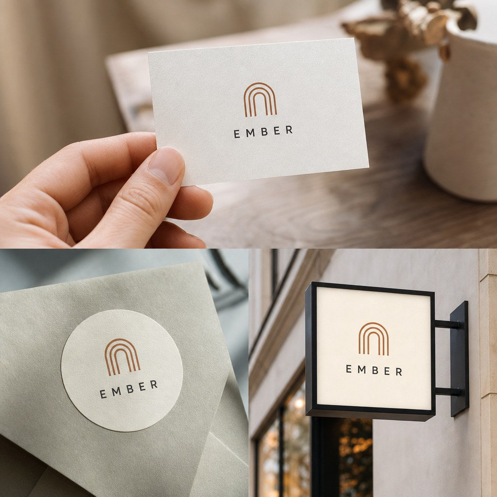 Logo Design – in use: A finished minimal logo applied on a business card, a sticker and a shop sign mockup