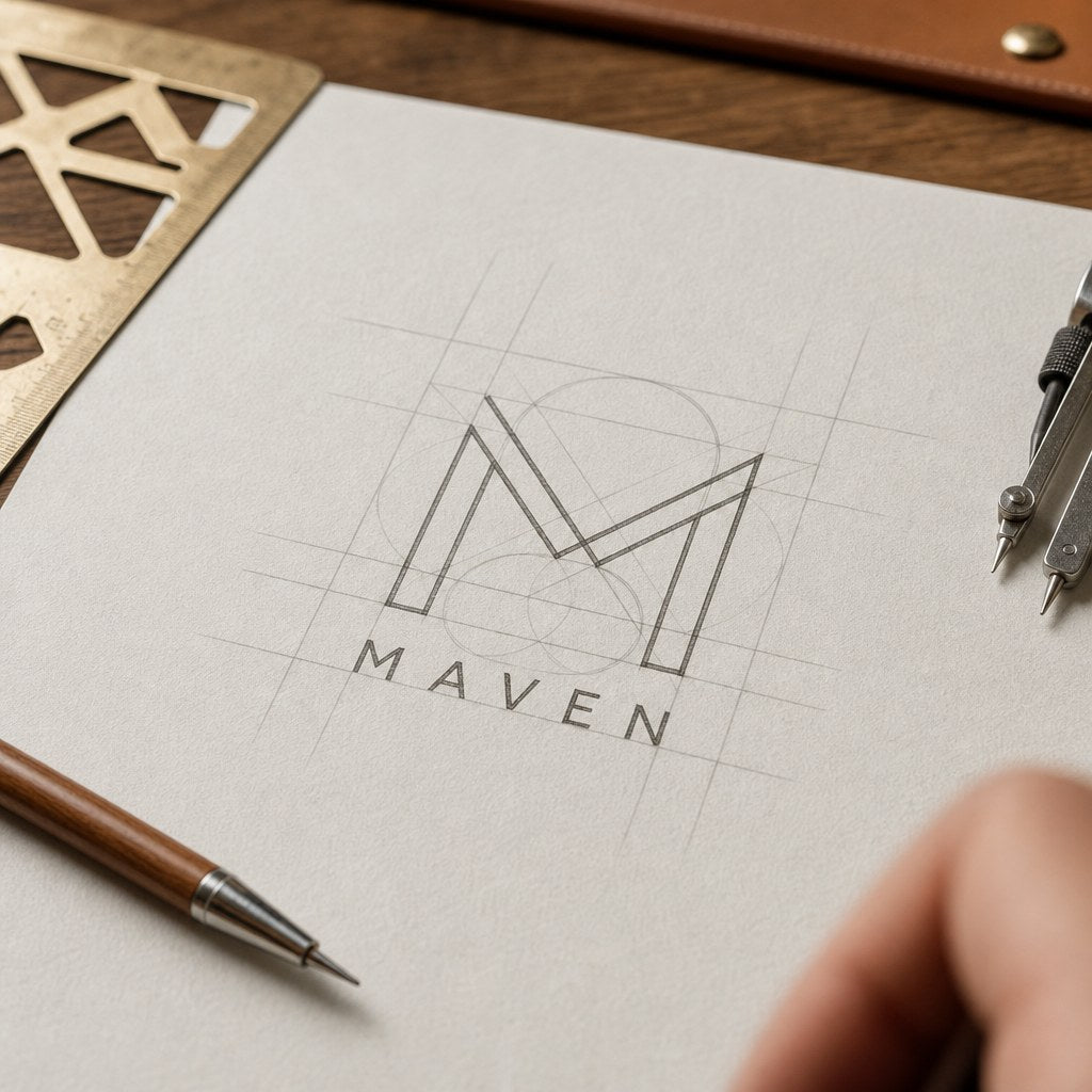 Logo Design – close-up: Close-up of logo construction lines and grid on paper