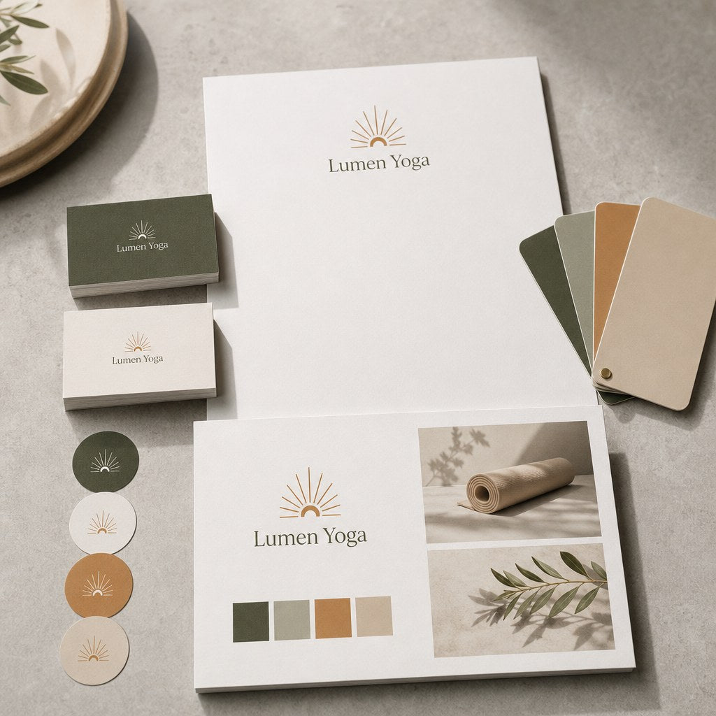 Brand Kit Design – A brand identity flat lay: business cards, letterhead, stickers, colour swatches and a style guide