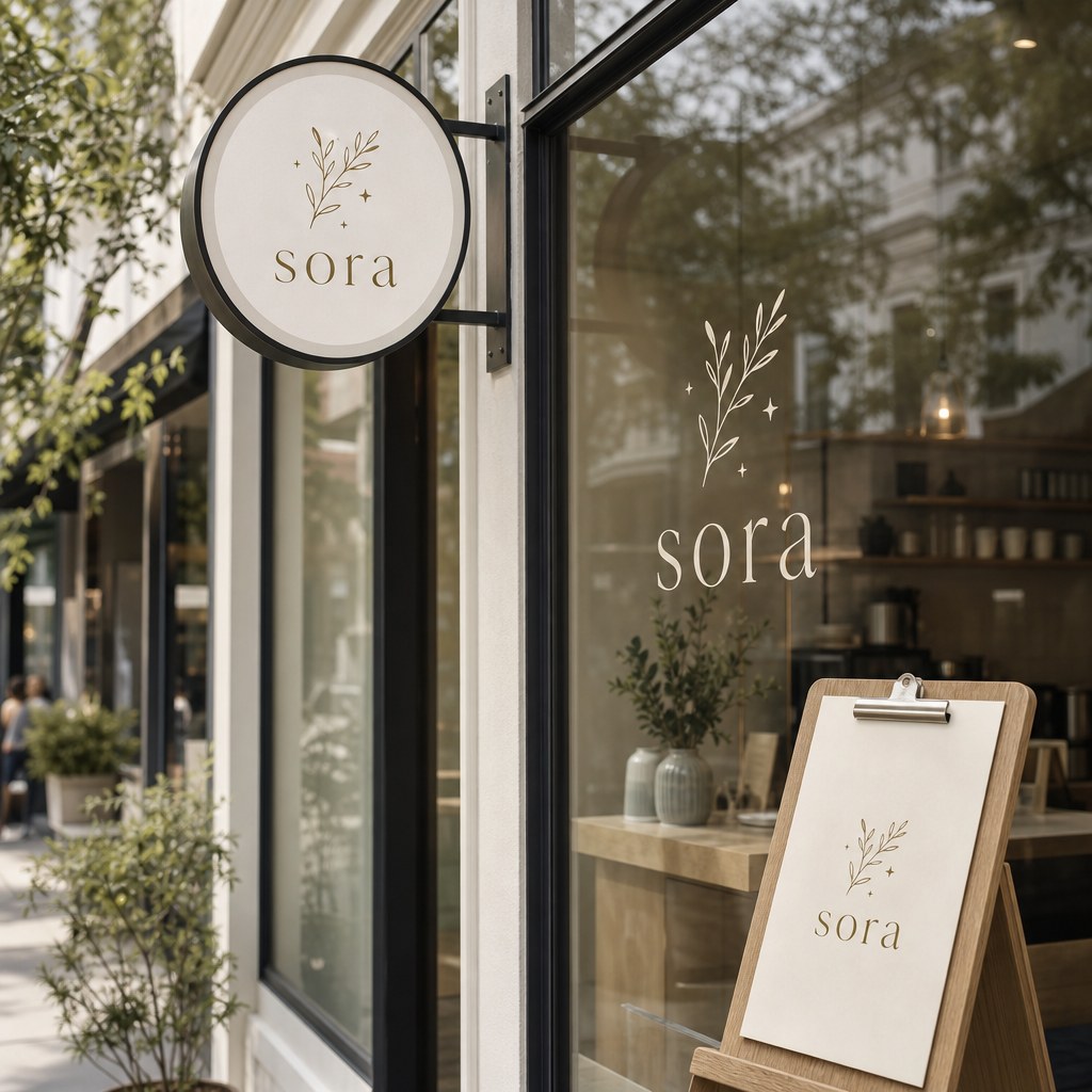 Brand Kit Design – in use: A branded shopfront mockup with matching sign, window decal and menu