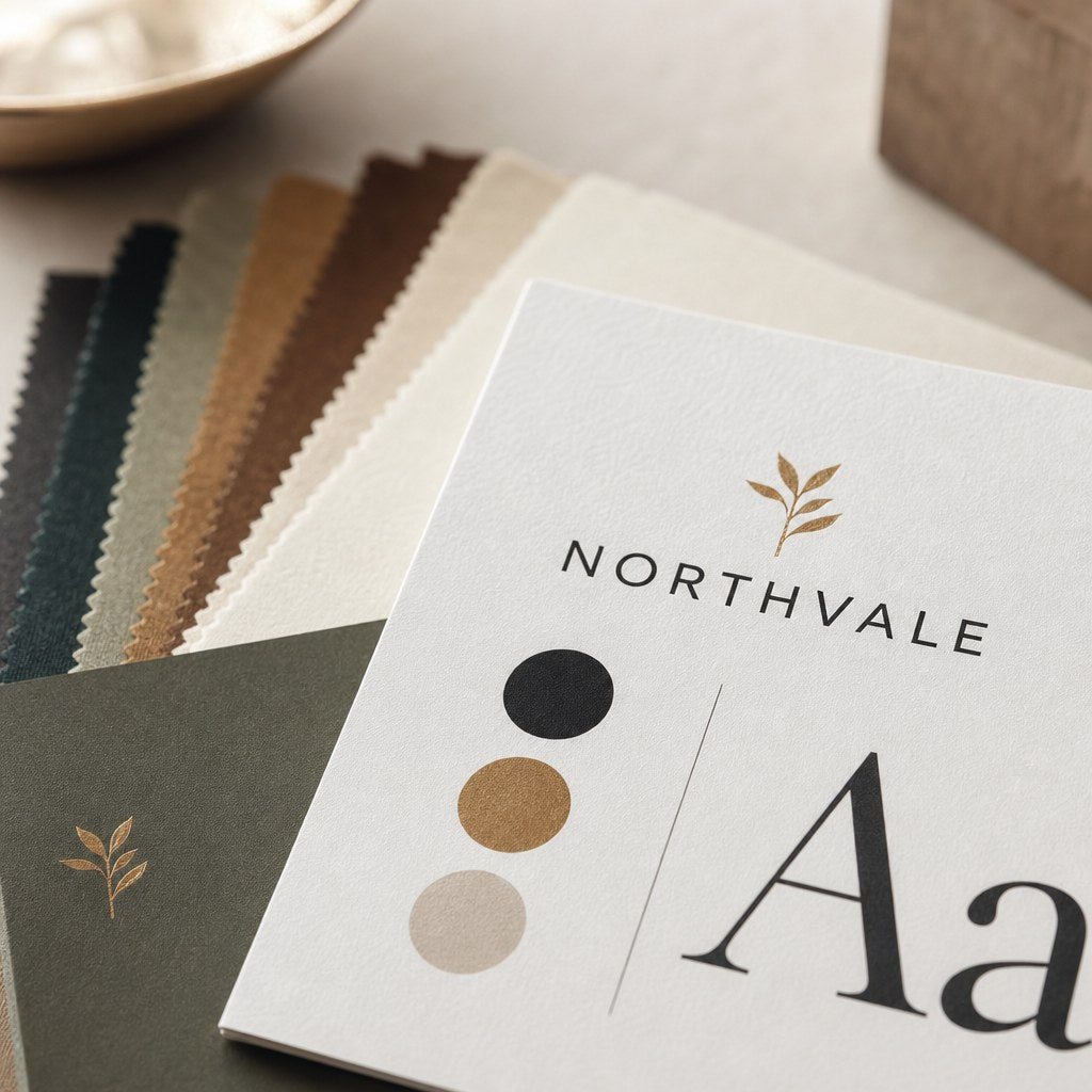 Brand Kit Design – close-up: Close-up of colour swatches and typography specimen card