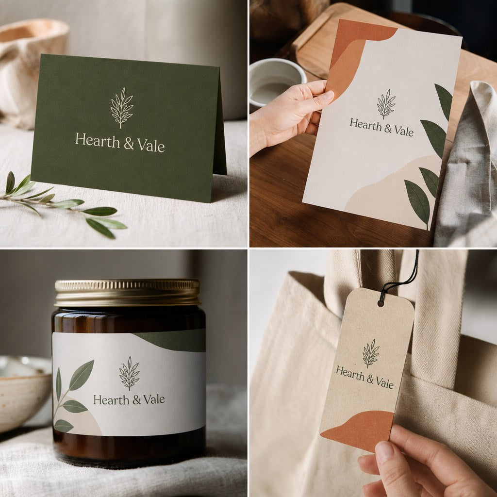 Brand Kit Design – range of options: A grid of matching branded items: card, flyer, label, tote tag