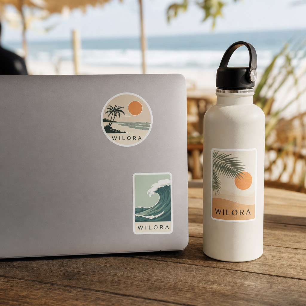 Custom Stickers – in use: Stickers on a laptop lid and a reusable water bottle, beach café background blurred