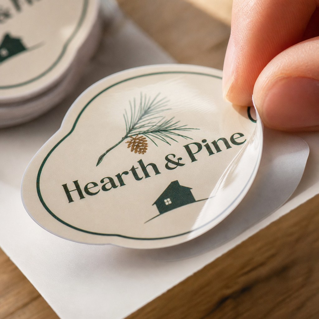 Custom Stickers – close-up: Macro of a glossy die-cut vinyl sticker edge being peeled from its backing