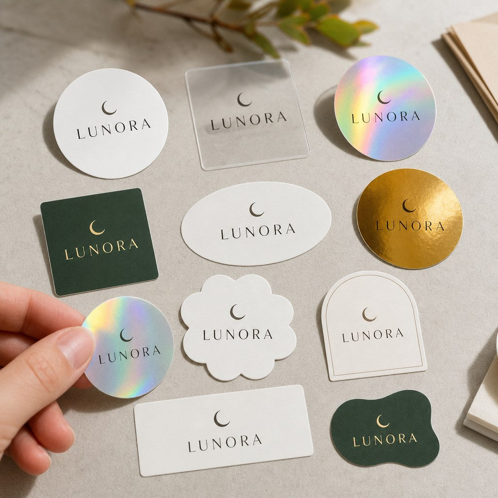 Custom Stickers – range of options: Stickers in circle, square, rectangle, oval and custom shapes, white, clear, holographic and gold foil