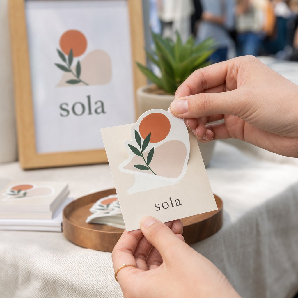 Kiss-Cut Stickers – in use: A kiss-cut sticker being peeled from its card at an event table