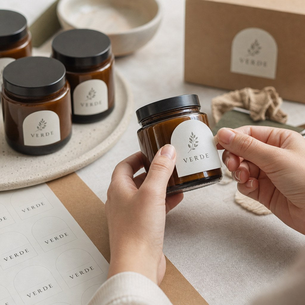 Sticker & Label Sheets – in use: Small product jars being labelled by hand from a label sheet