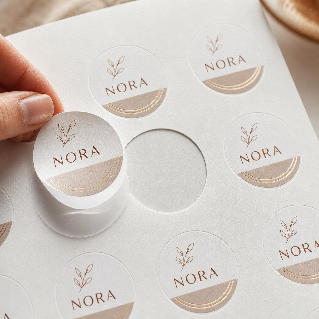 Sticker & Label Sheets – close-up: Close-up of die-cut labels on a sheet partially peeled