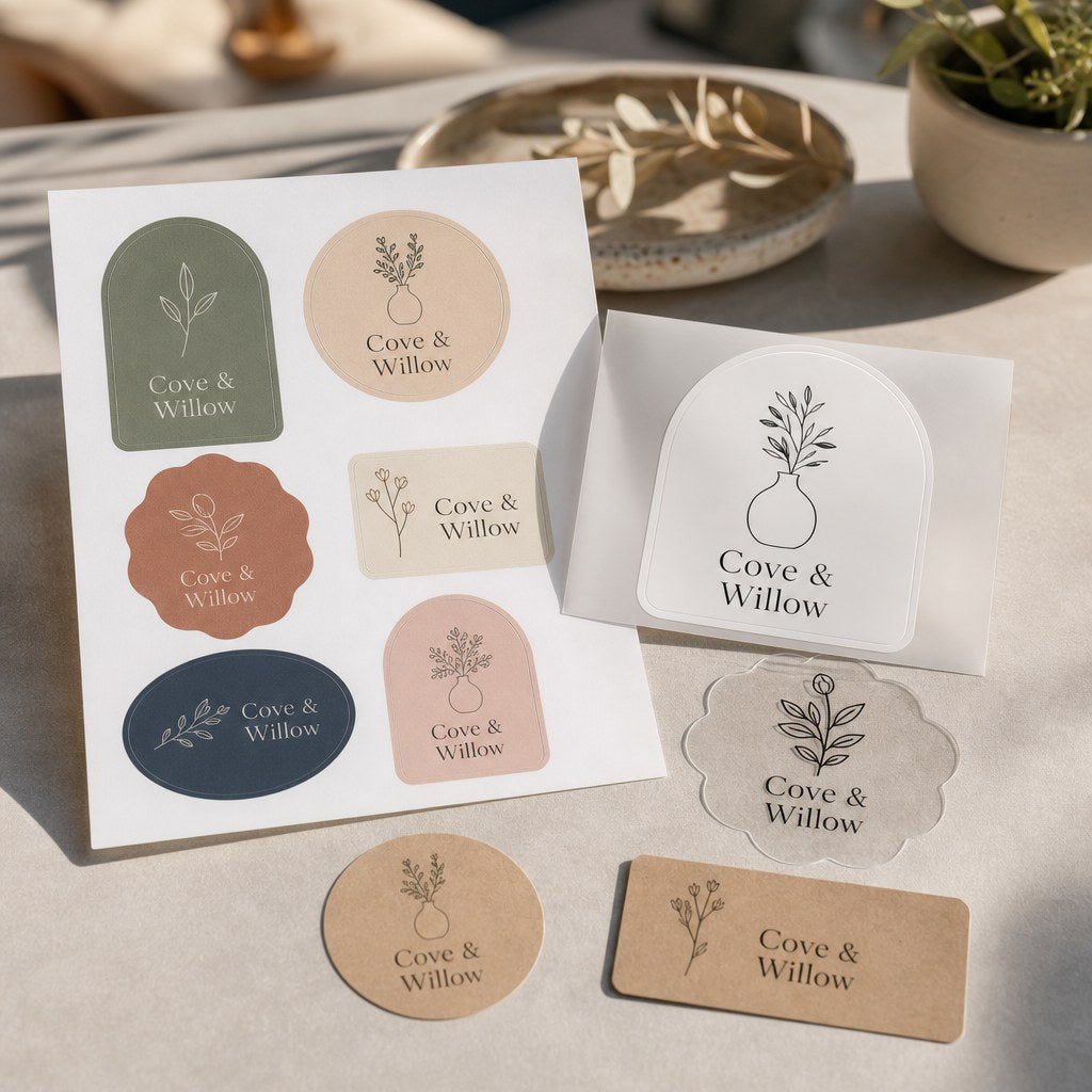 Sticker & Label Sheets – range of options: Sticker sheets on white paper, white vinyl, clear vinyl and kraft paper