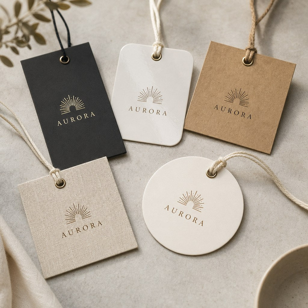 Hang Tags – range of options: Hang tags in rectangle, rounded, square and circle shapes on matte, gloss, kraft and linen card