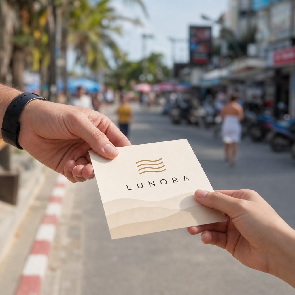 Flyers – in use: A hand giving a flyer to someone on a sunny Patong street, background softly blurred