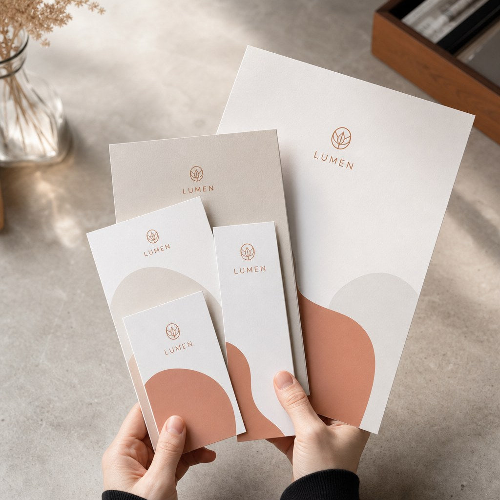 Flyers – range of options: Flyers in A6, A5, A4, DL and A3 sizes fanned out in a size progression