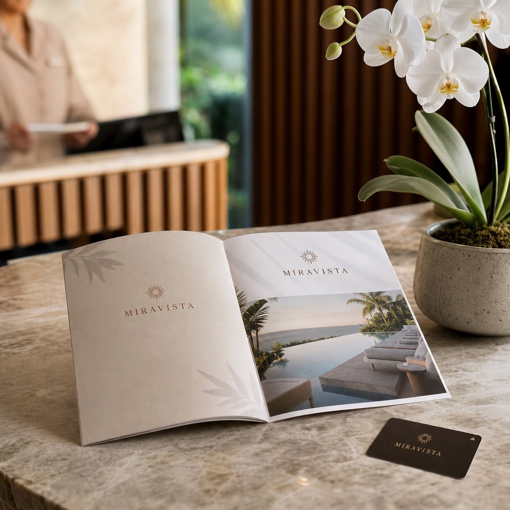 Folded Brochures – in use: A brochure lying open on a villa reception desk beside a key card and orchid