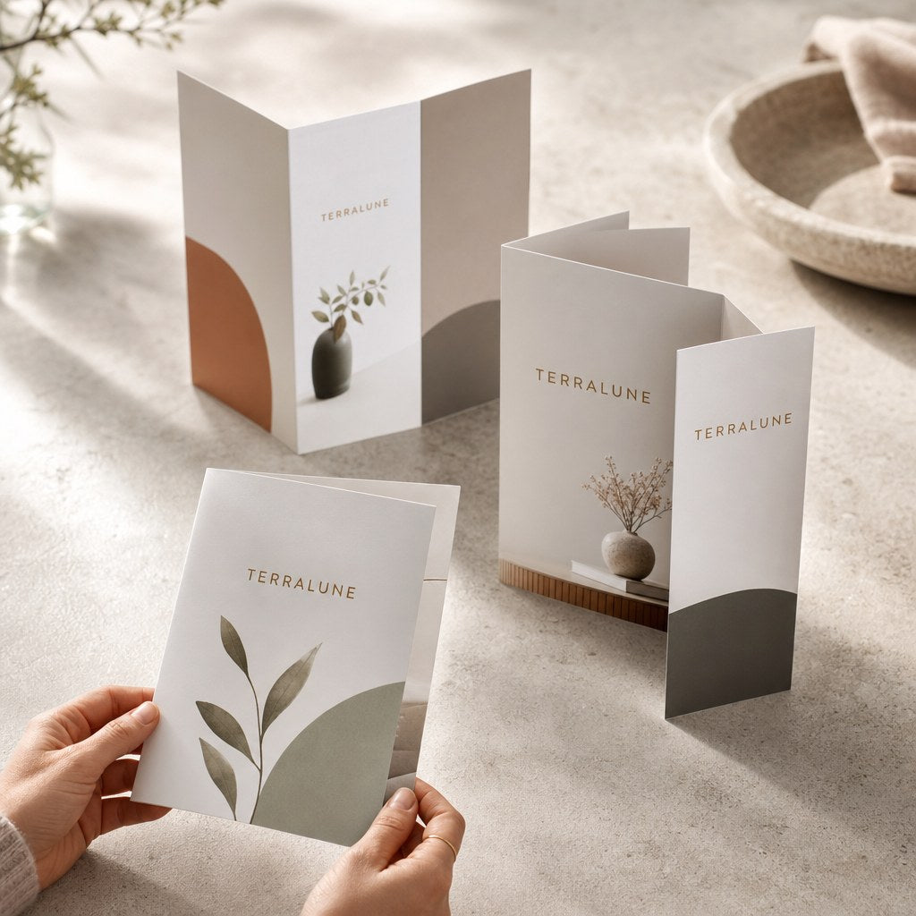 Folded Brochures – range of options: Bi-fold, tri-fold and Z-fold brochures arranged to show their different folds