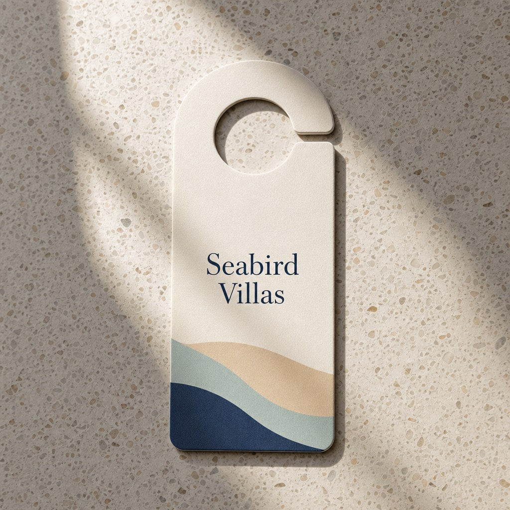 Door Hangers – A door hanger on a hotel room door handle, clean elegant design