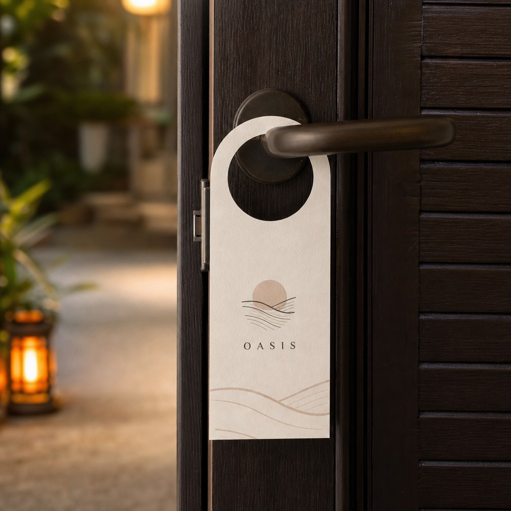 Door Hangers – in use: A door hanger hanging on a dark wooden villa door handle, warm evening light