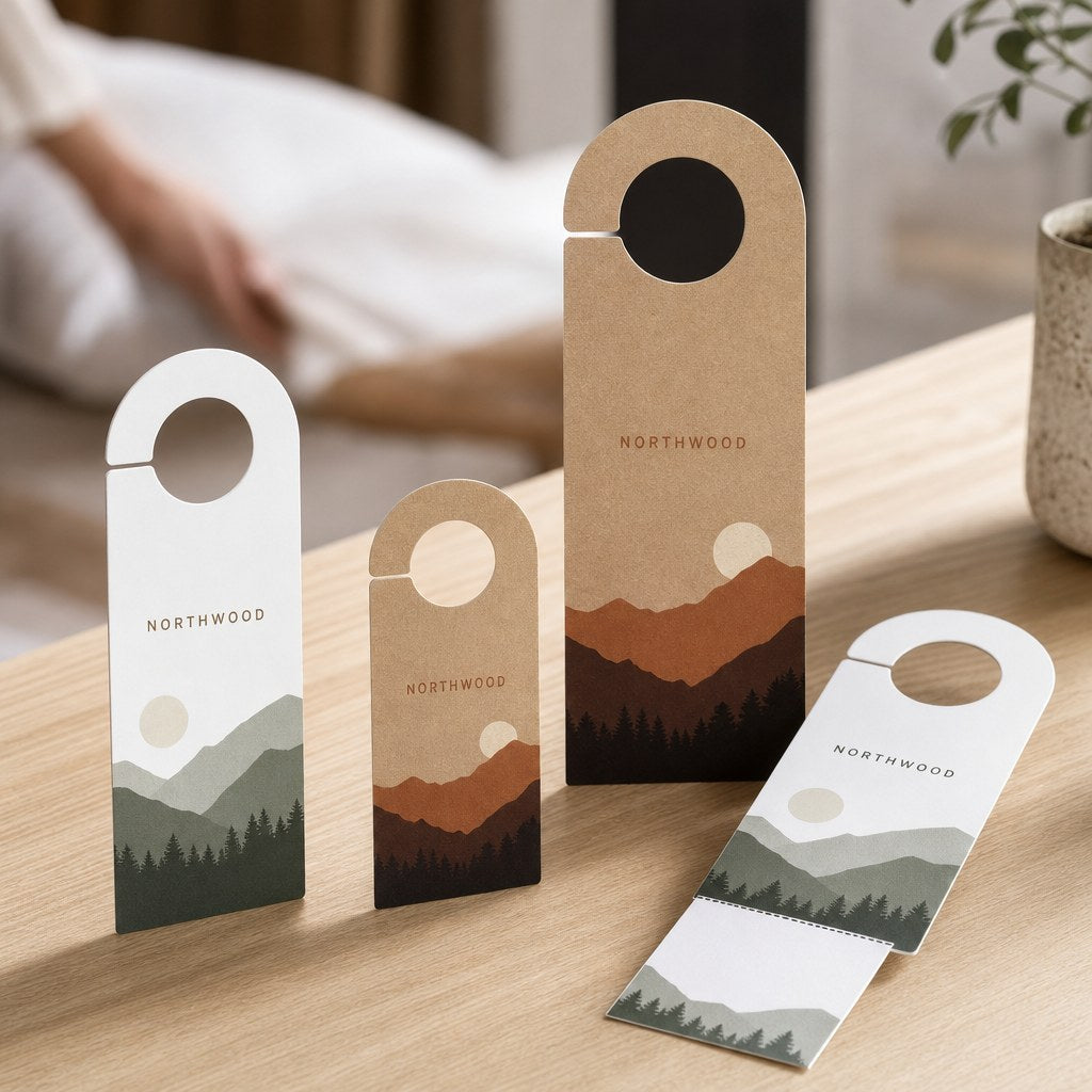 Door Hangers – range of options: Door hangers in two sizes in card and white plastic, one with tear-off strip