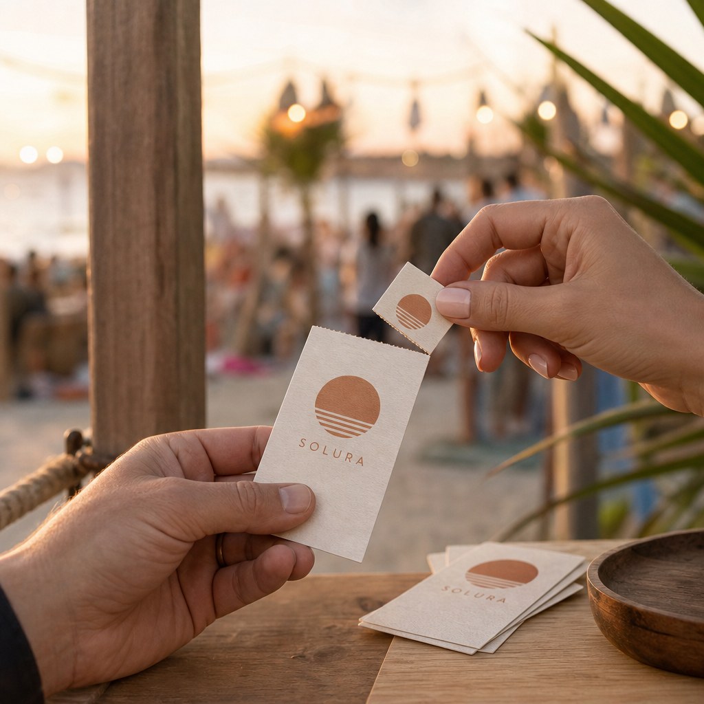 Event Tickets – in use: A hand tearing the stub off a ticket at a beach party entrance, warm sunset bokeh