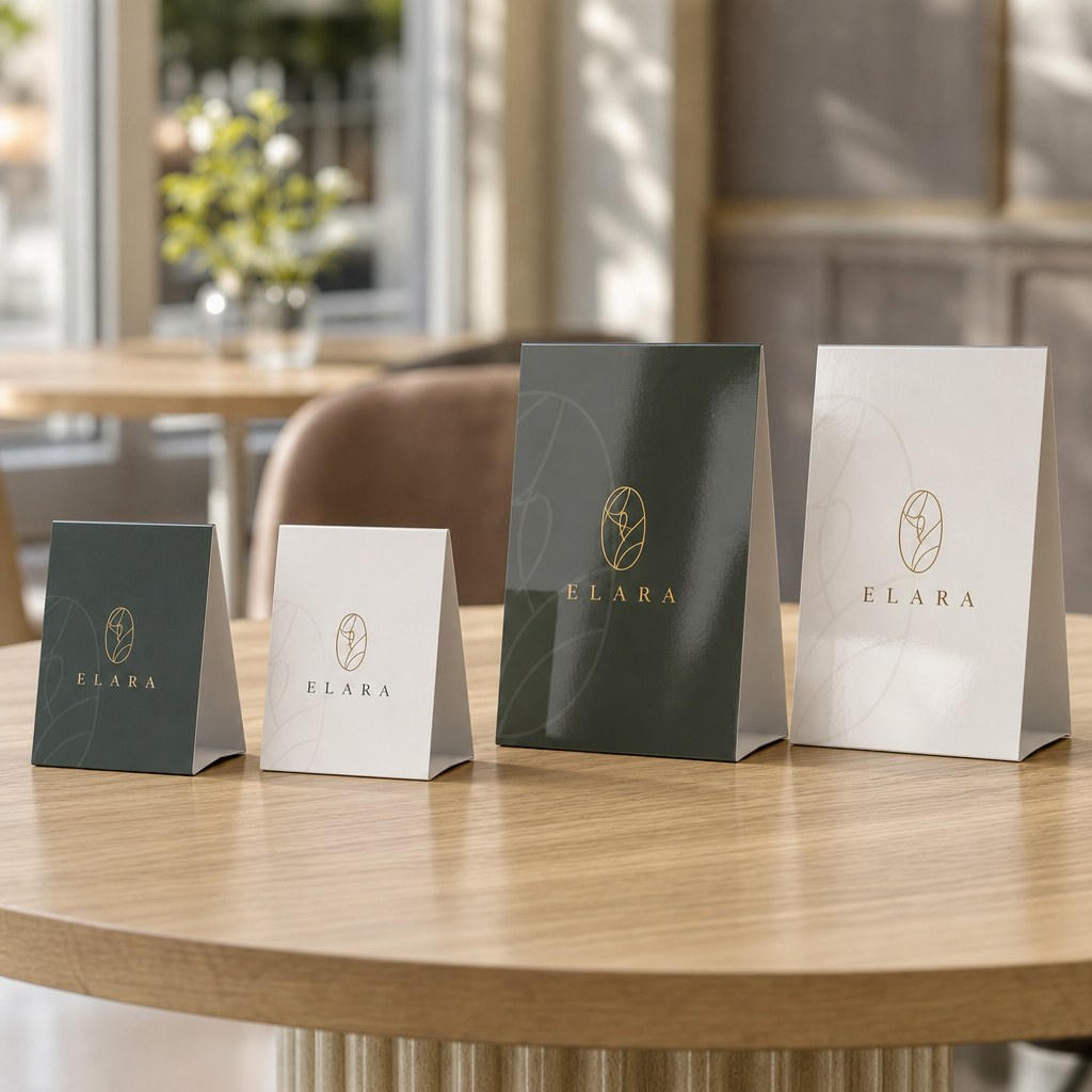 Table Tents – range of options: A6 and A5 table tents side by side, gloss and matte