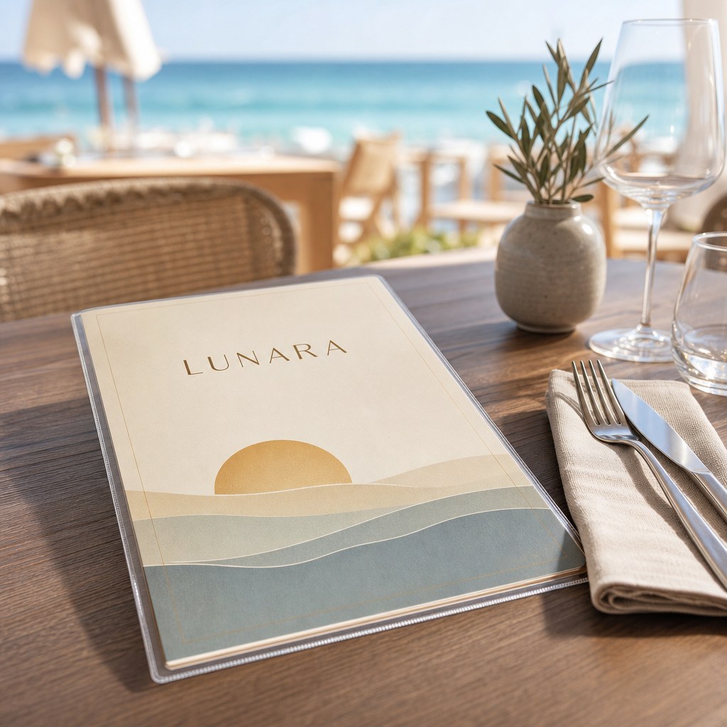 Menus – in use: A laminated menu on a beach restaurant table with cutlery, sea view softly blurred