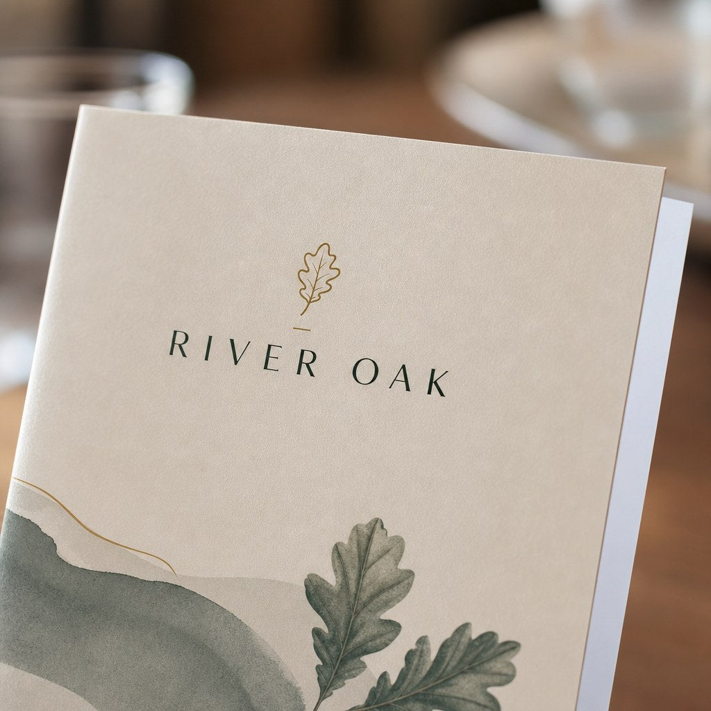 Menus – close-up: A folded menu card on a restaurant table, crisp print on matte card
