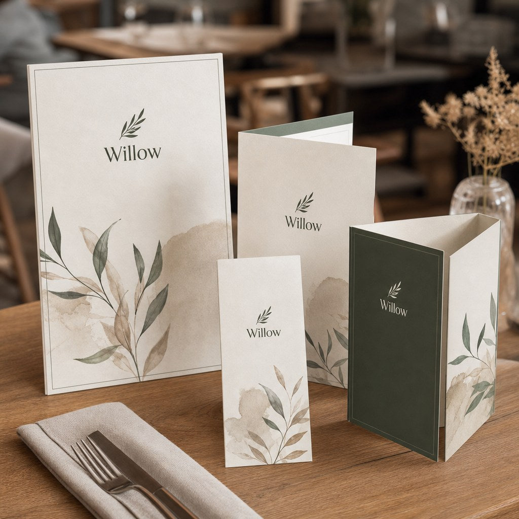 Menus – range of options: A flat A4 menu, a bi-fold menu, a tri-fold menu and a slim DL menu card arranged together