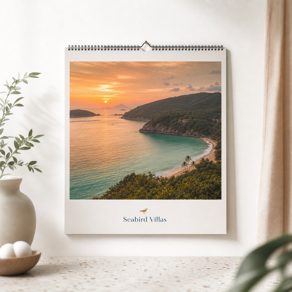 Custom Calendars – A wall calendar with a stunning Phuket bay photograph hanging on a white wall