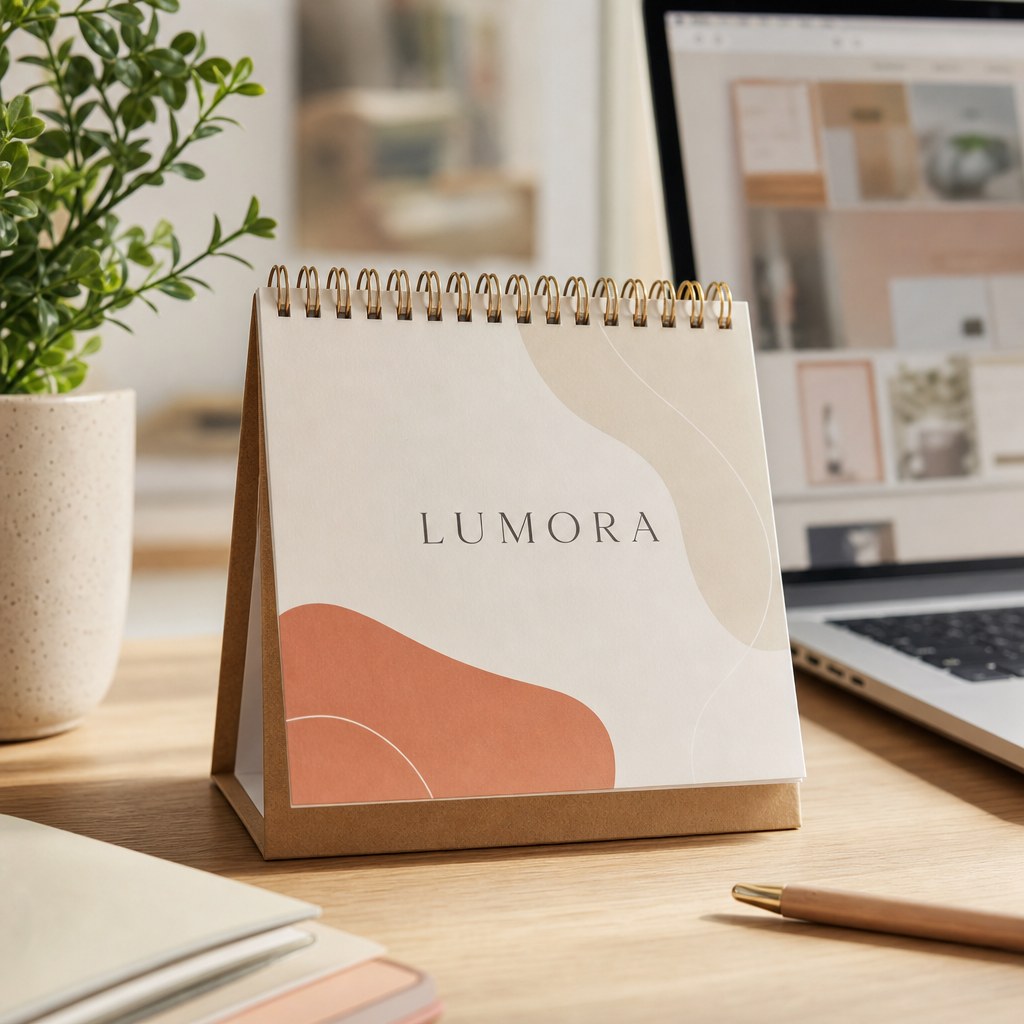 Custom Calendars – in use: A desk calendar on a home office desk next to a laptop and plant