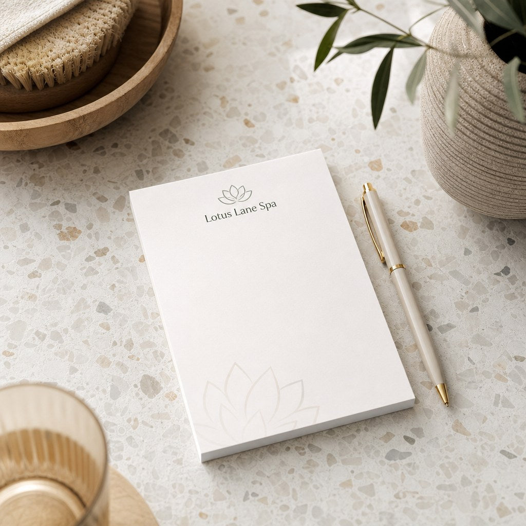 Notepads – A branded tear-off notepad with a simple header and pen