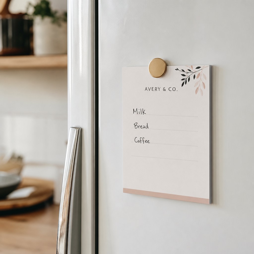 Notepads – in use: A magnetic notepad on a white fridge with a short handwritten list in pen