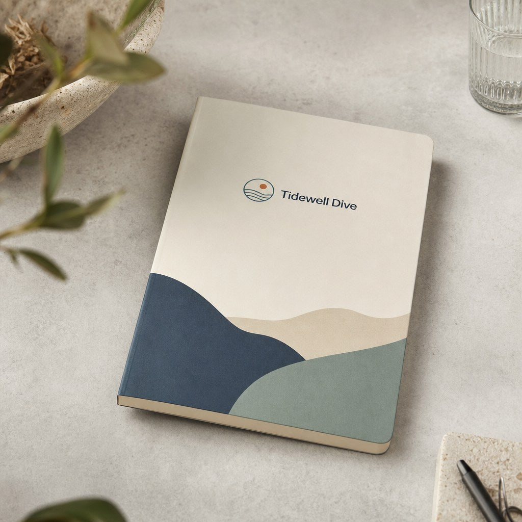 Notebooks & Journals – An A5 notebook with a custom printed soft-touch cover, minimalist design