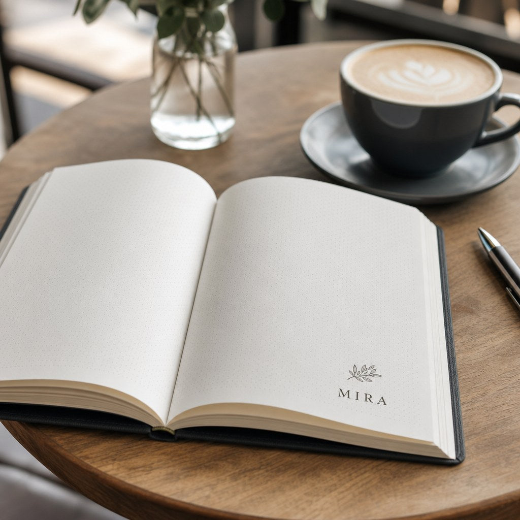 Notebooks & Journals – in use: An open notebook with dot-grid pages on a café table with coffee