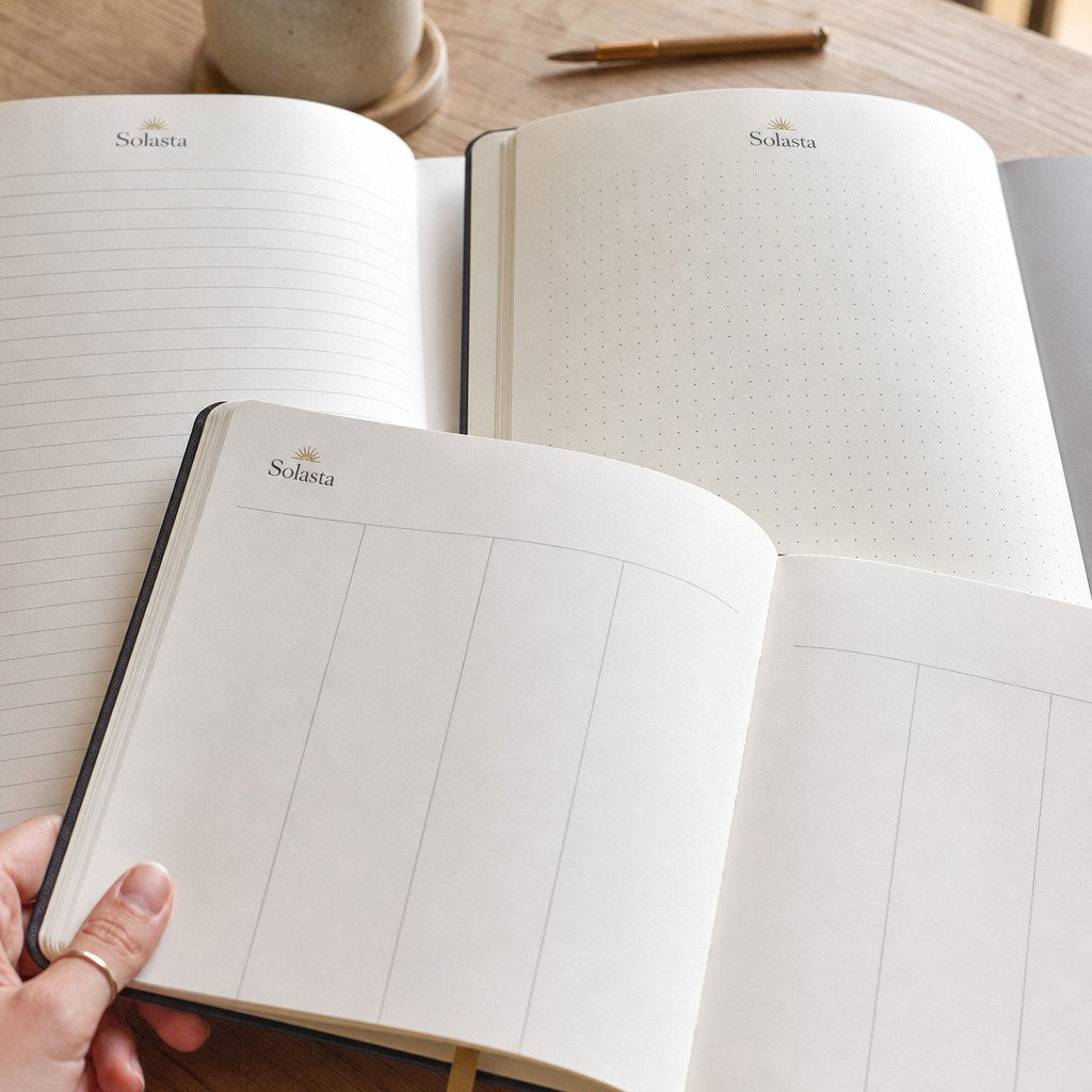 Notebooks & Journals – close-up: Close-up of the inside pages showing lined, dot grid and weekly planner layouts