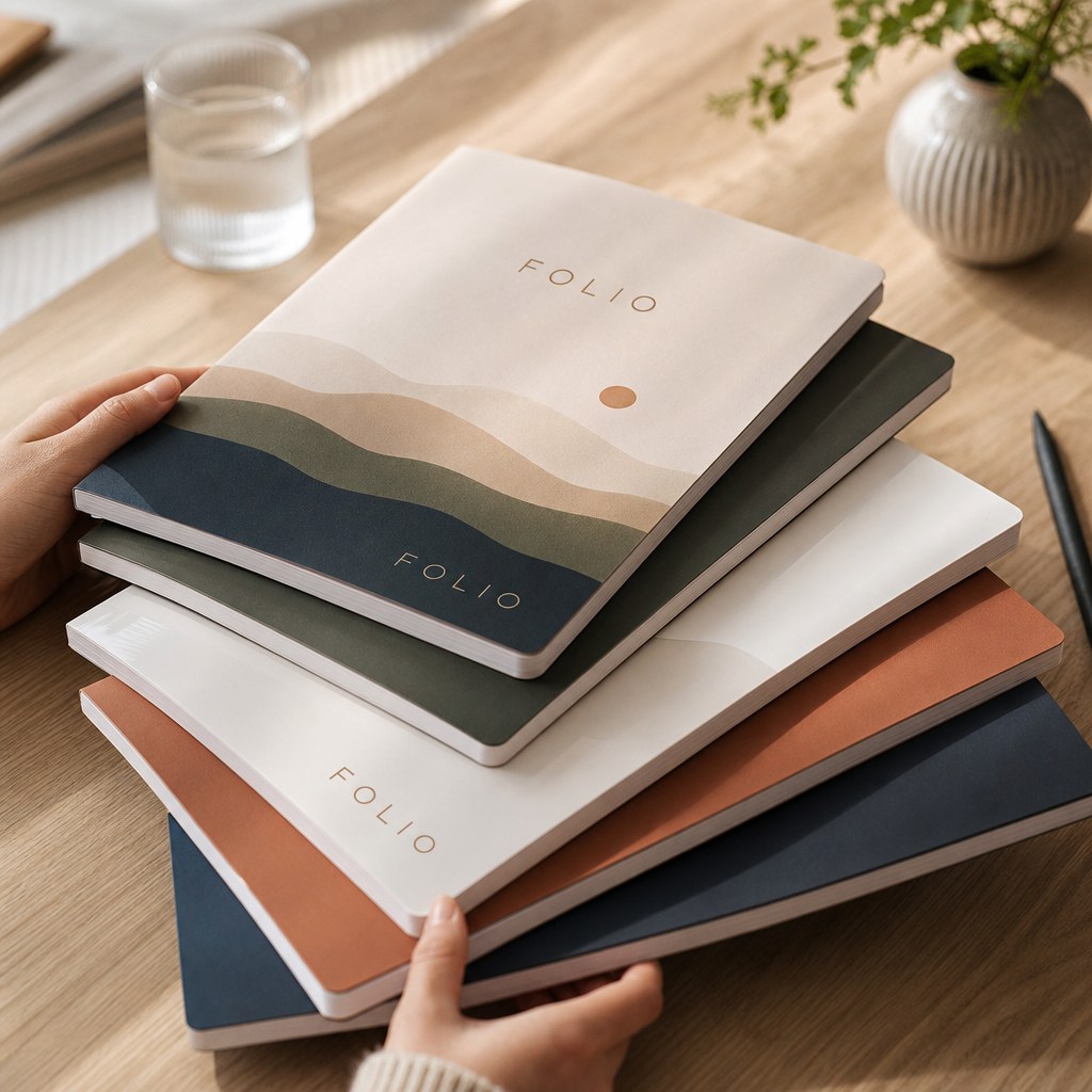 Notebooks & Journals – range of options: A5 and A4 notebooks with gloss, matte and soft-touch covers stacked