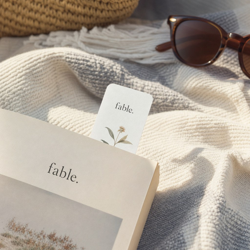 Bookmarks – in use: A bookmark peeking out of a paperback on a beach towel