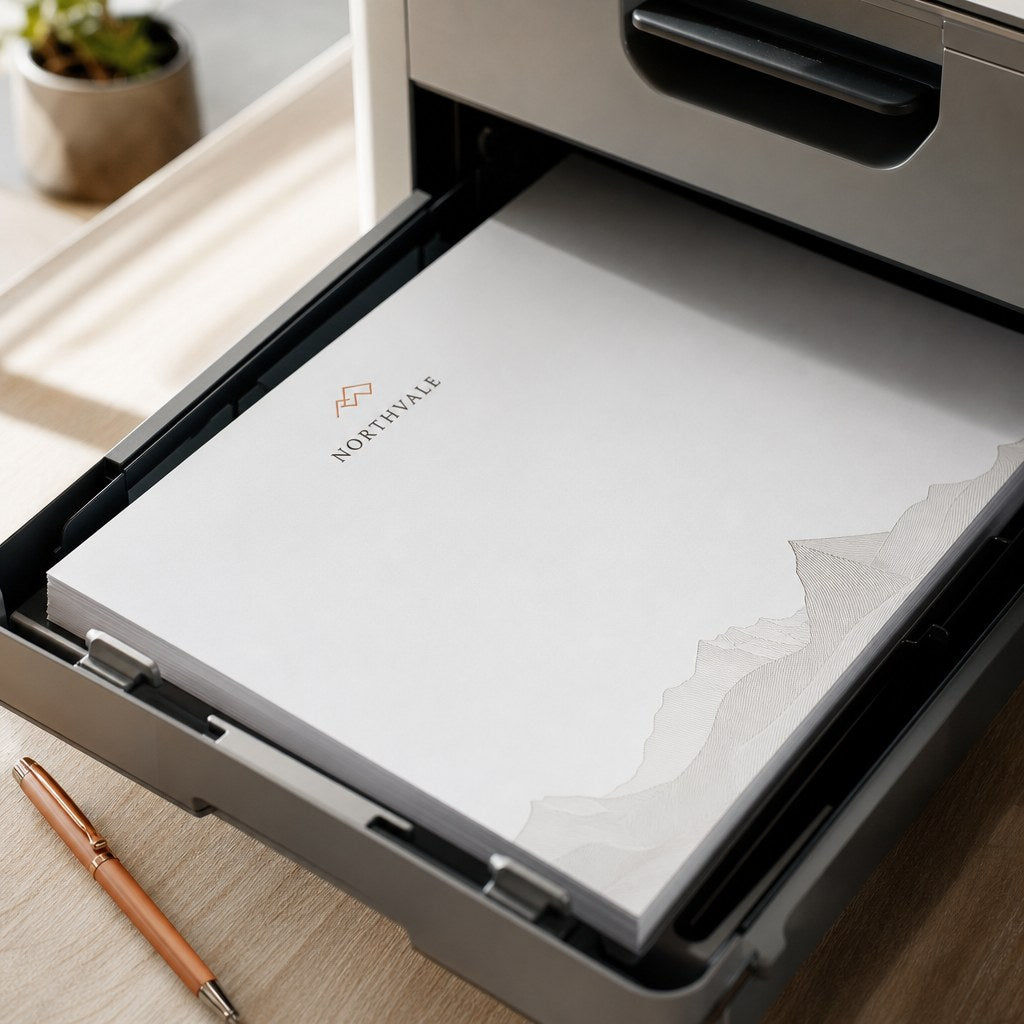 Letterhead – in use: Letterhead in an office printer tray with a pen beside it