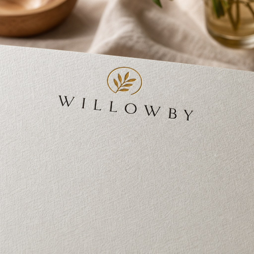 Letterhead – close-up: Close-up of linen-texture paper surface with a crisp printed header