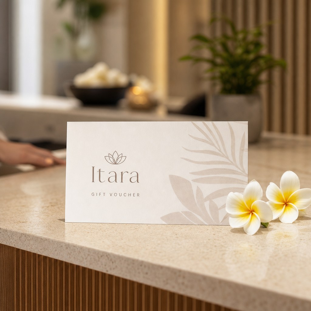 Gift Certificates & Vouchers – in use: A gift voucher on a spa reception counter with frangipani flowers