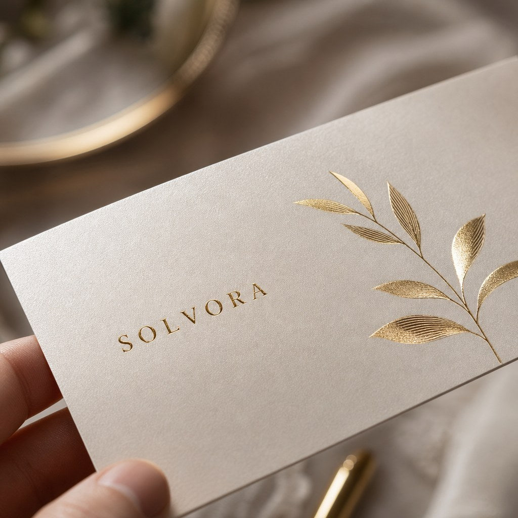 Gift Certificates & Vouchers – close-up: Macro of gold foil detail on a pearl-finish voucher