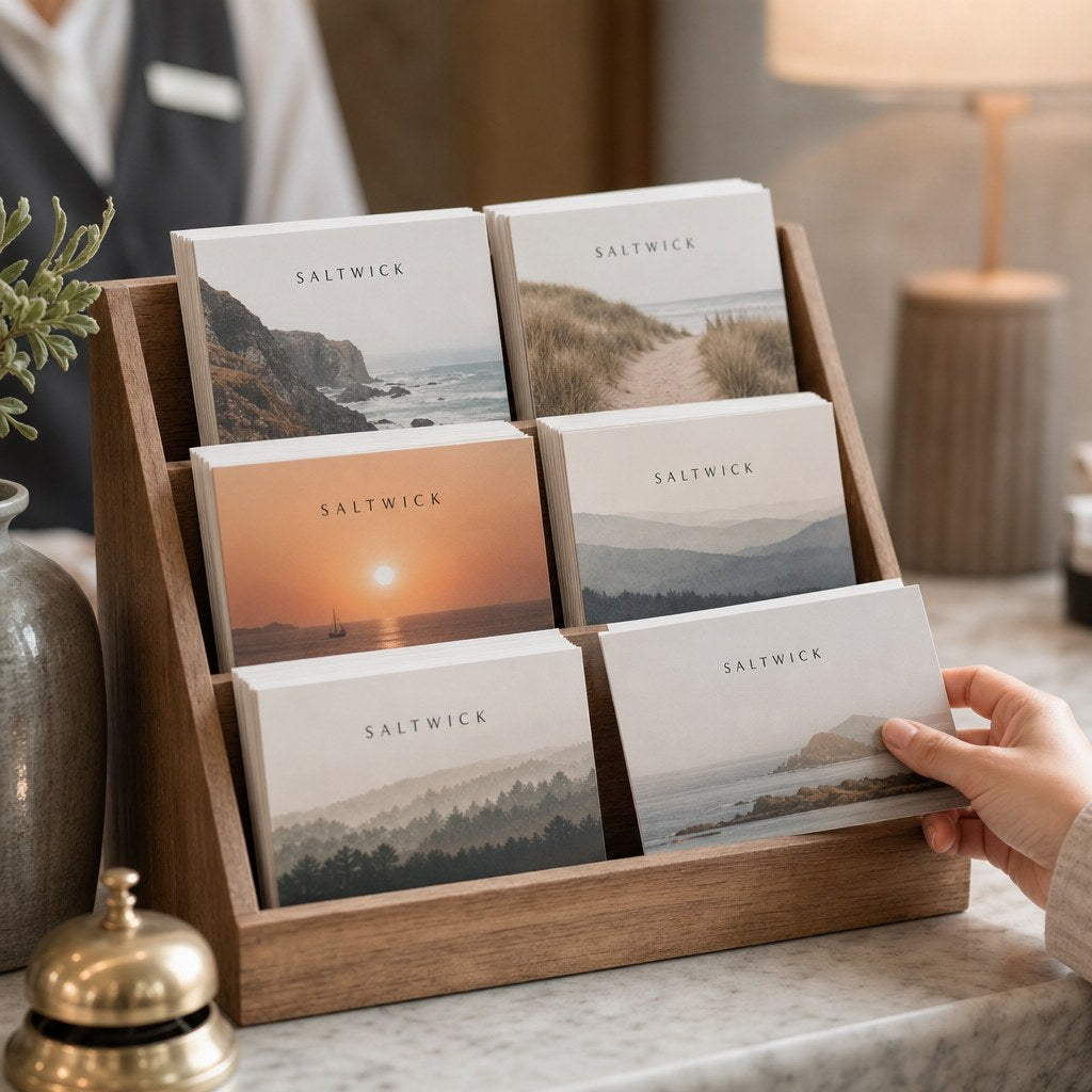 Postcards – in use: Postcards in a wooden display rack at a hotel tour desk, soft lobby light