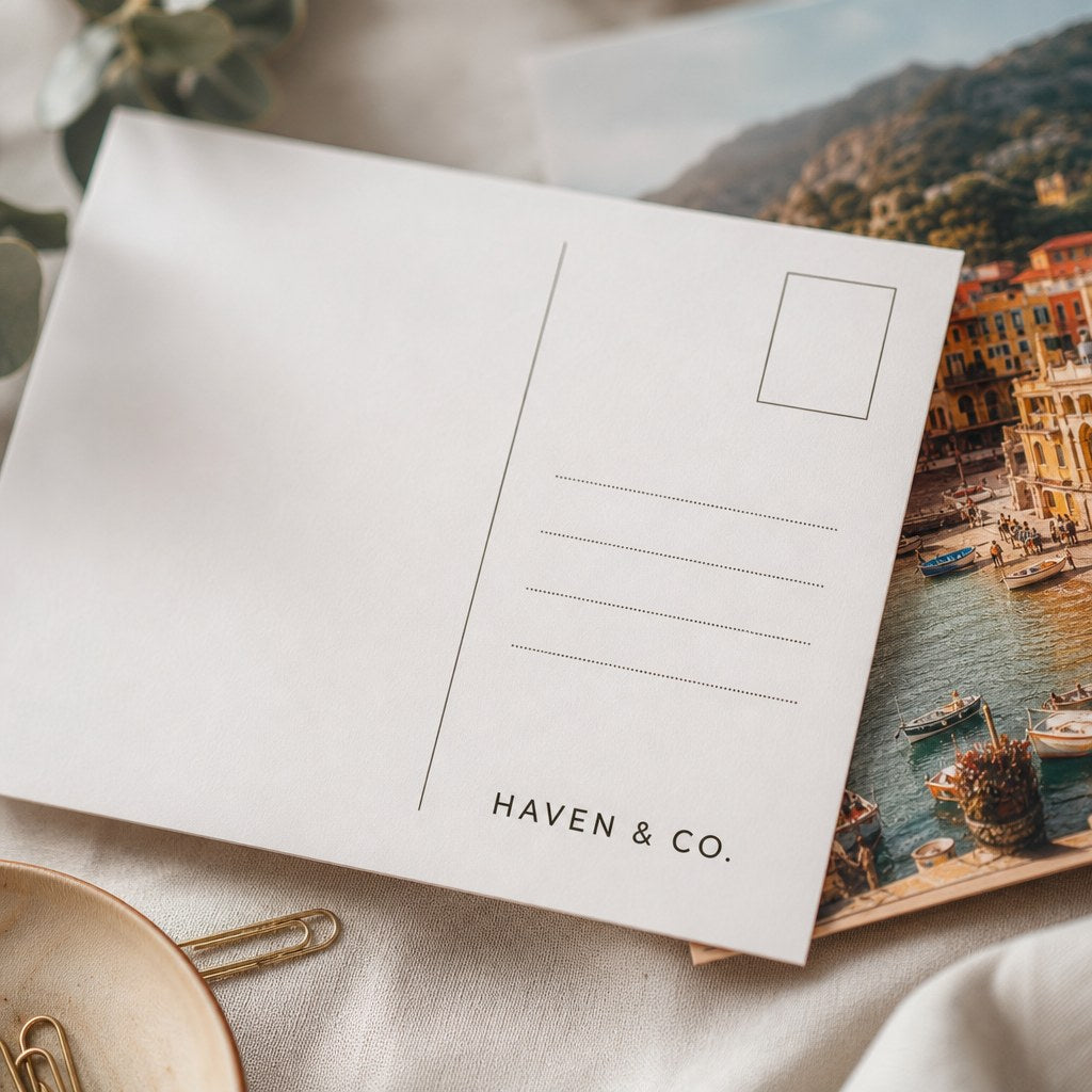 Postcards – close-up: Close-up of a postcard back with clean layout lines and the front's rich colour at the edge