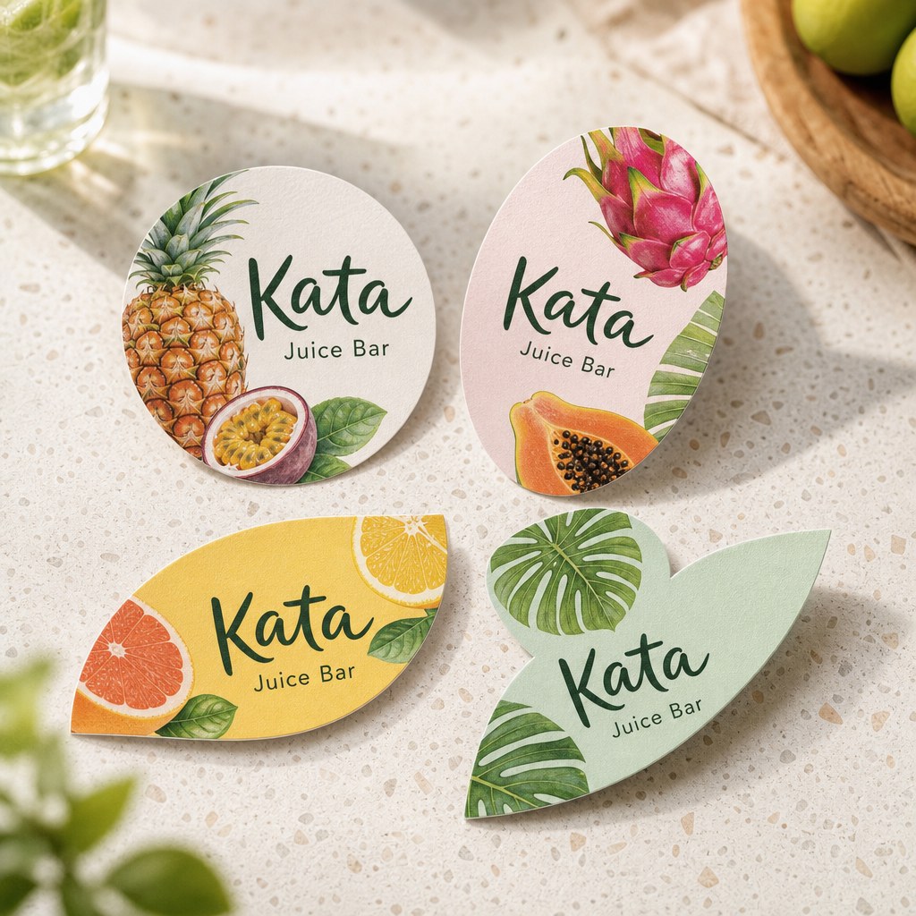 Die-Cut Postcards – Die-cut postcards in circle, oval, half-circle and leaf shapes with bright tropical fruit design