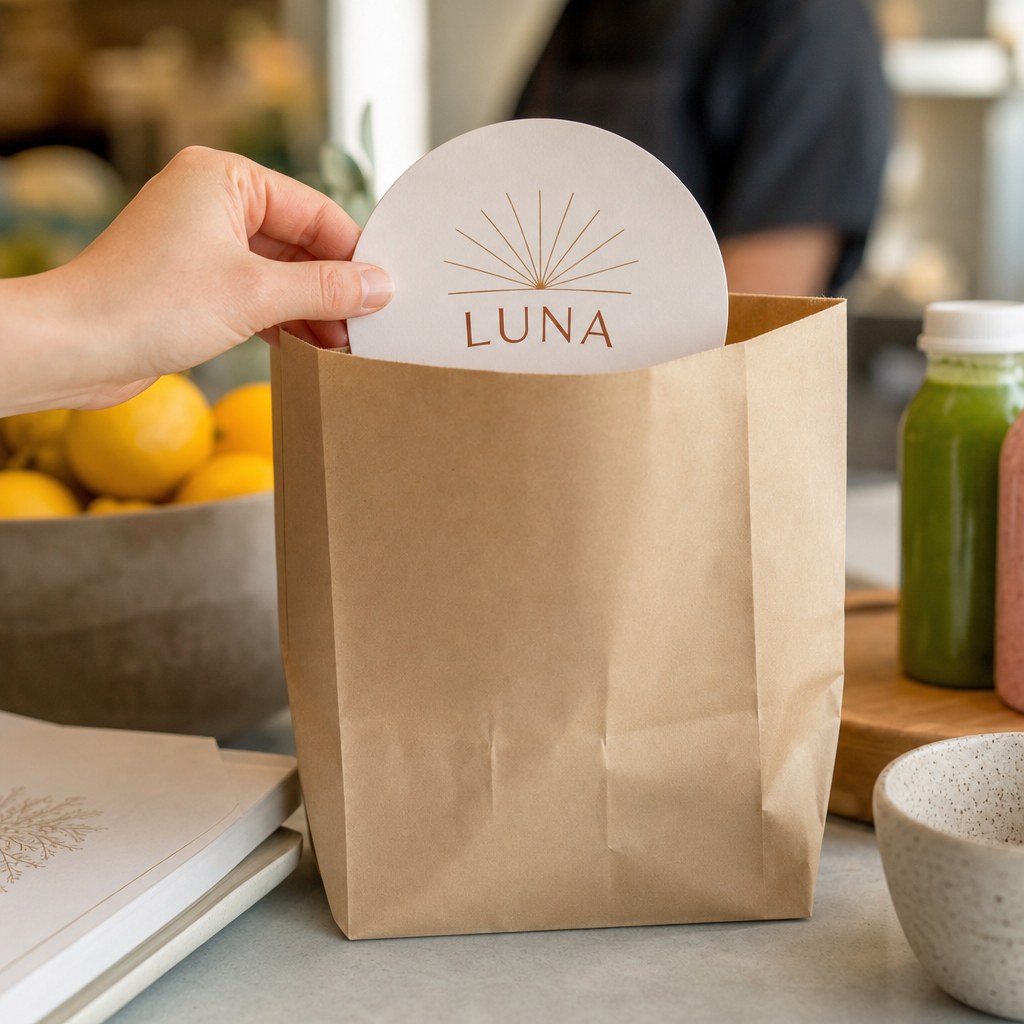 Die-Cut Postcards – in use: A circular postcard tucked into a paper takeaway bag on a juice bar counter