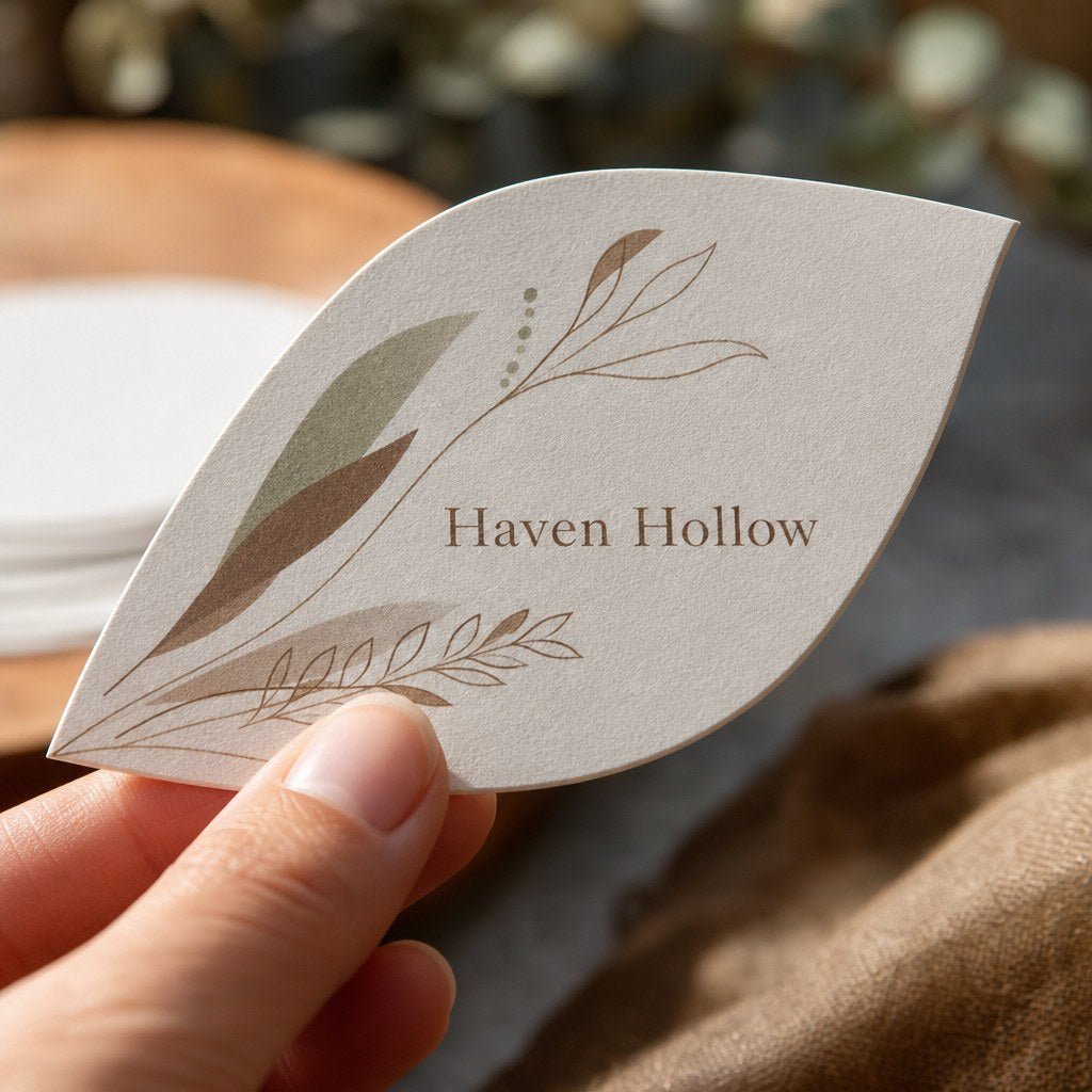 Die-Cut Postcards – close-up: Macro of the smooth die-cut edge of a leaf-shaped postcard