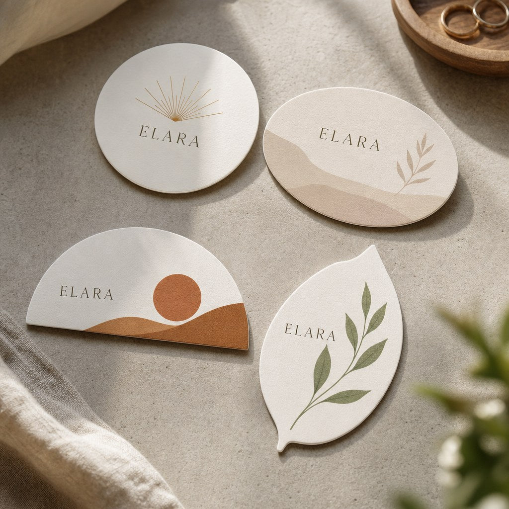 Die-Cut Postcards – range of options: An overhead arrangement of shaped postcards in four shapes