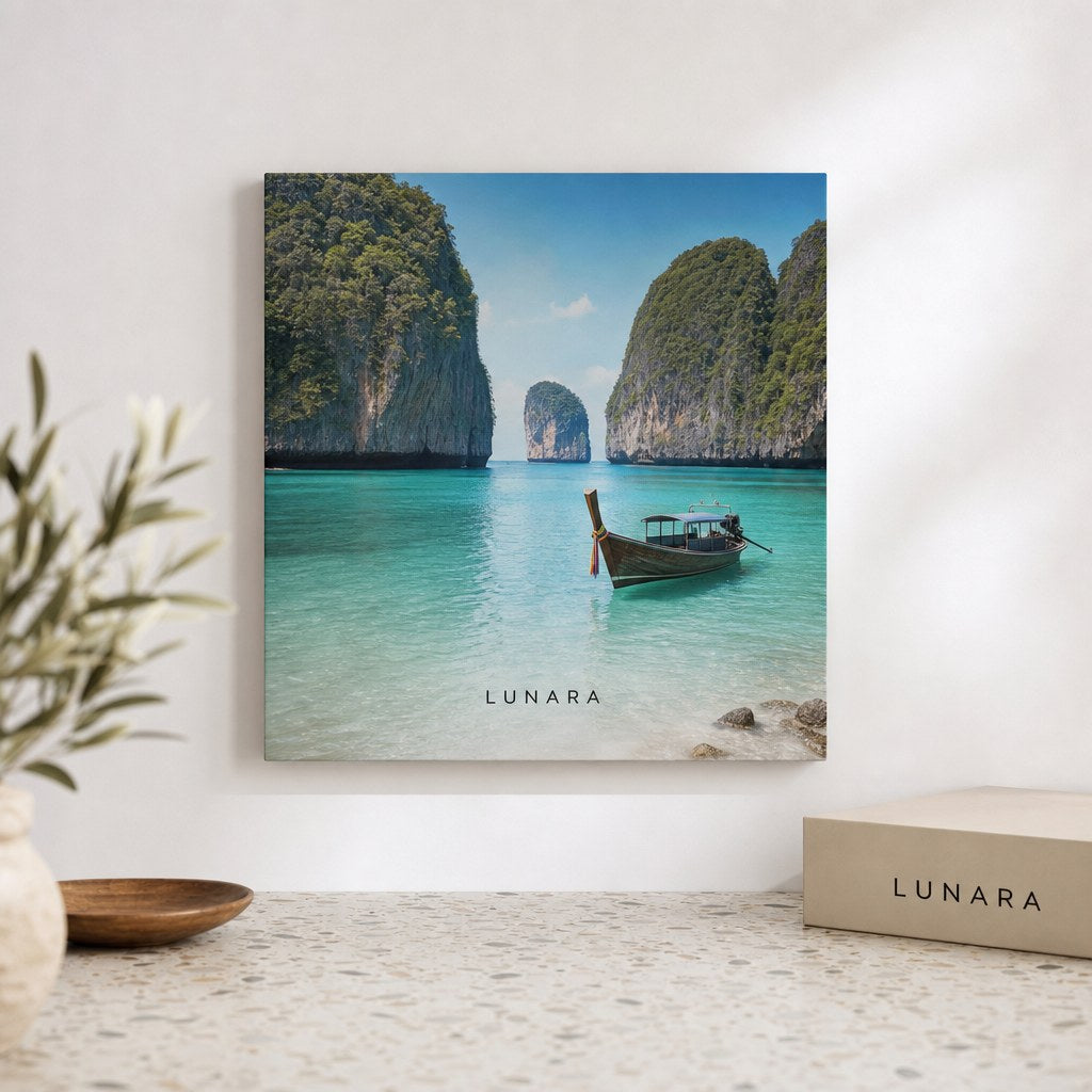 Canvas Prints – A gallery-wrapped canvas print of a turquoise Phuket bay hanging on a white wall